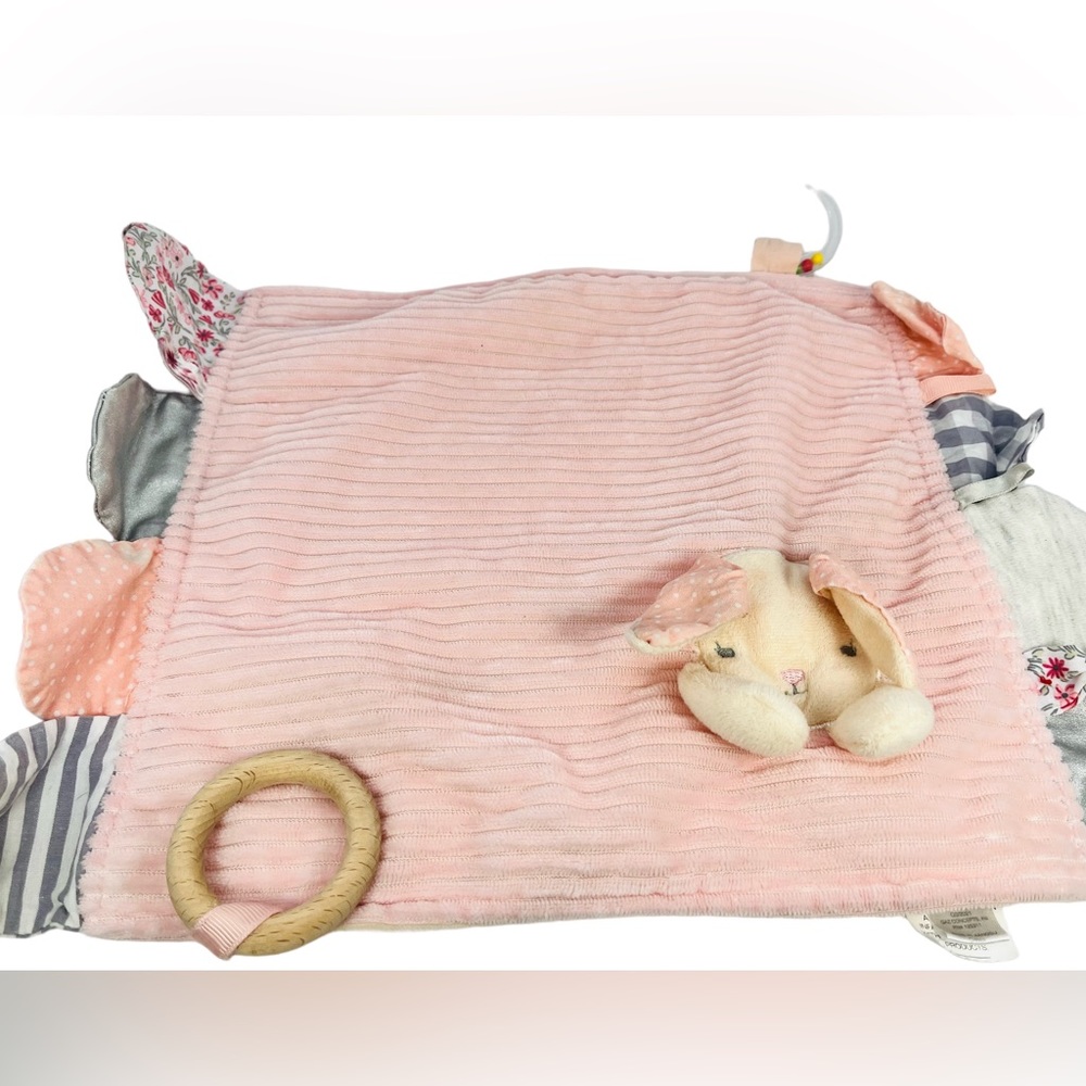 Modern Baby Bunny Lovey Pink White Floral Teether Rattle Security Blanket